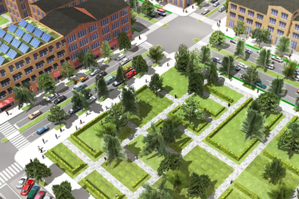An image of a 3D city block generated by ESRI CityEngine software